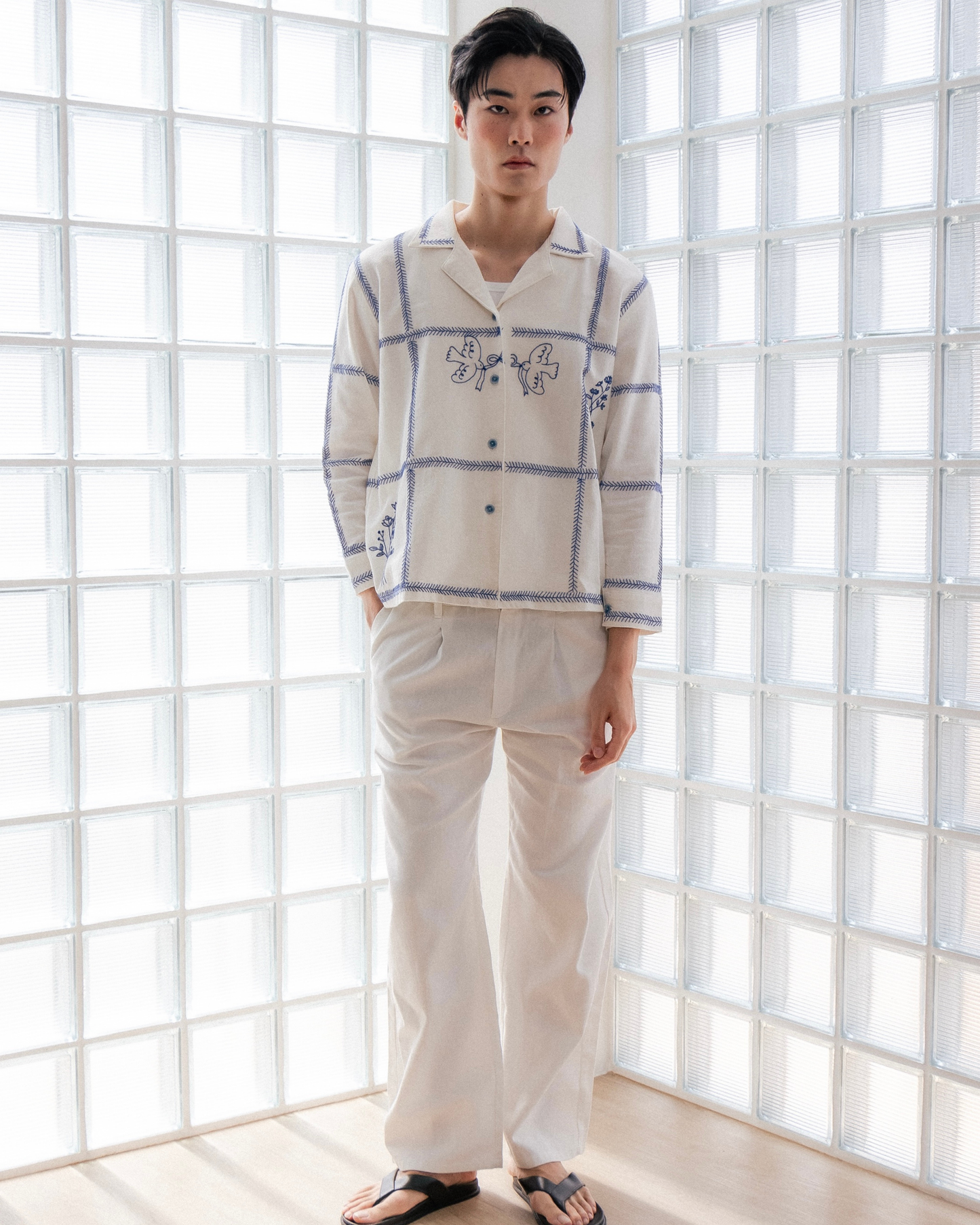 Azure Bloom on Grid hand embroidered L/S Shirt