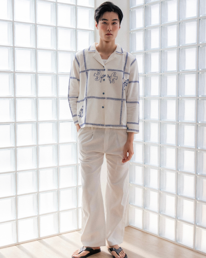 Azure Bloom on Grid hand embroidered L/S Shirt