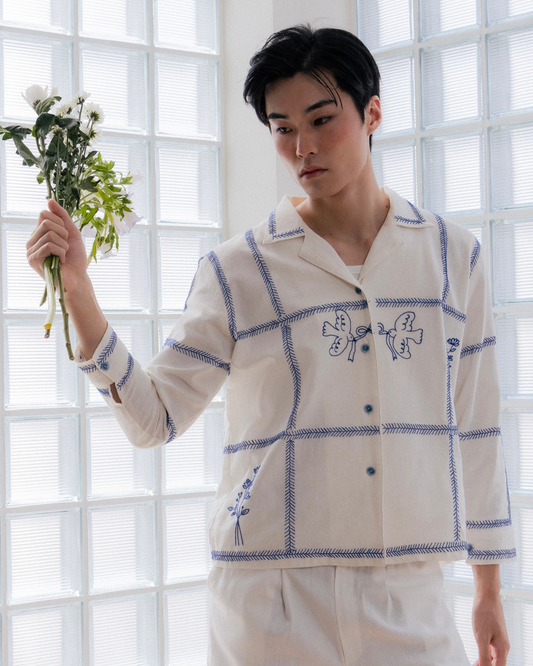 Azure Bloom on Grid hand embroidered L/S Shirt