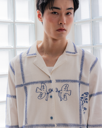 Azure Bloom on Grid hand embroidered L/S Shirt