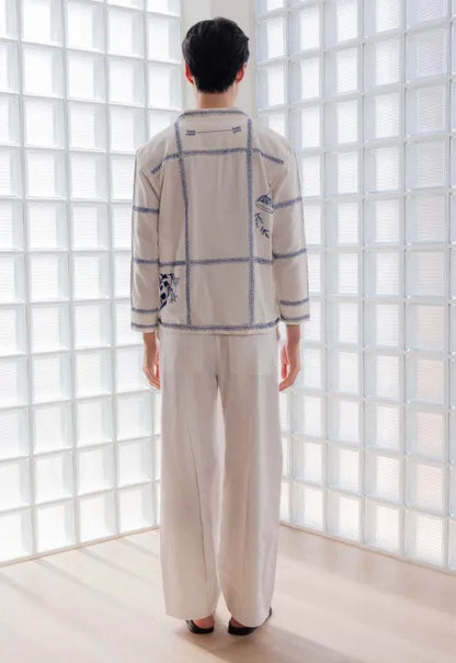 Azure Bloom on Grid hand embroidered L/S Shirt