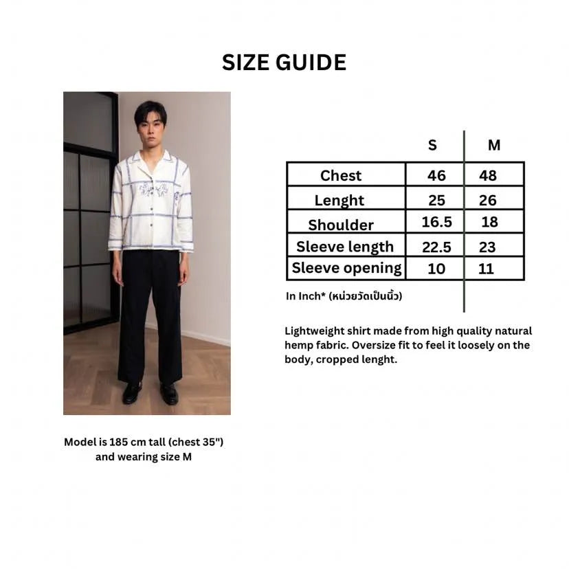 Azure Bloom on Grid hand embroidered L/S Shirt